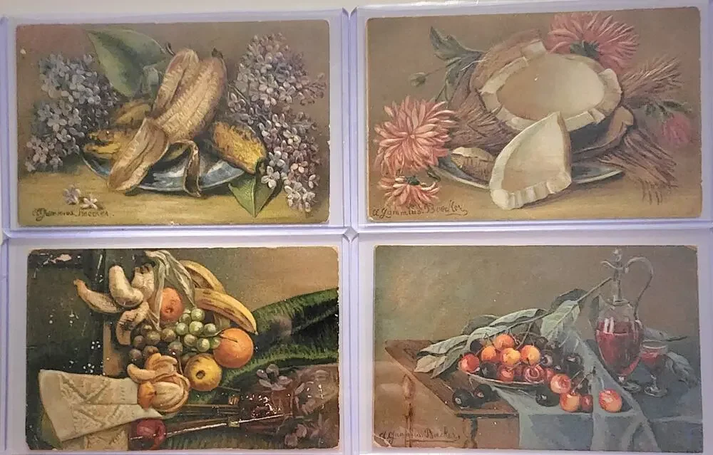 Lot Of Four Vintage Antique Postcards Decanter Fruit